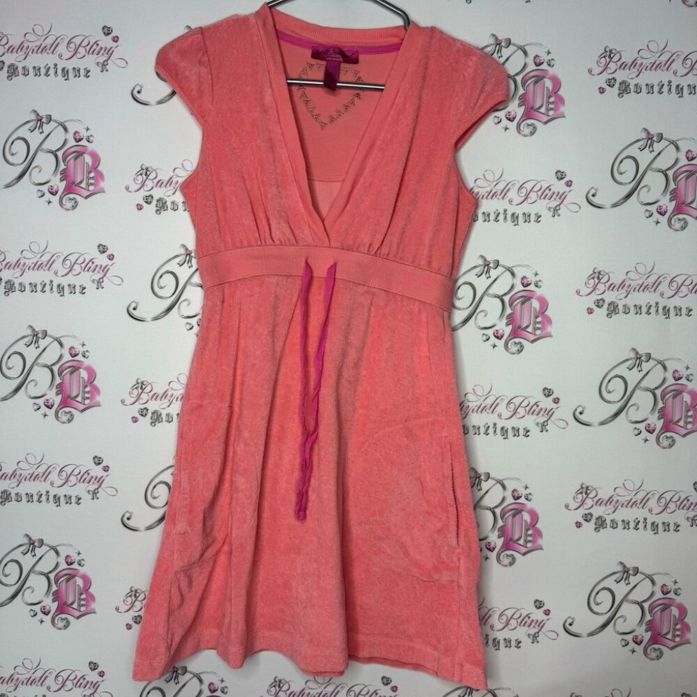 Betsy Johnson dress terry cloth towel sexy v neck tie up bust peach coral pink